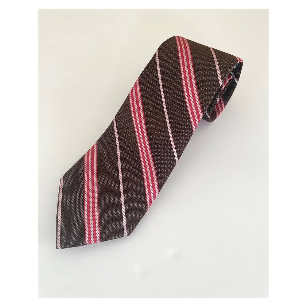 Ted Baker London Mens Tie Brown Pink Diagonal Striped Hand Tailored 100% Silk